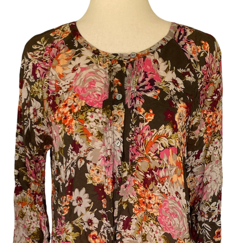 J. Jill Brown Floral Pintuck Pleated Blouse - S - Picture 2 of 11